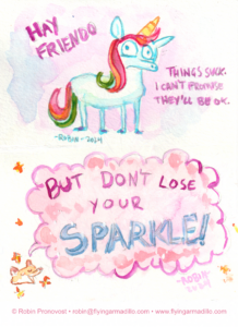 Unicorn card, with a sad unicorn and text